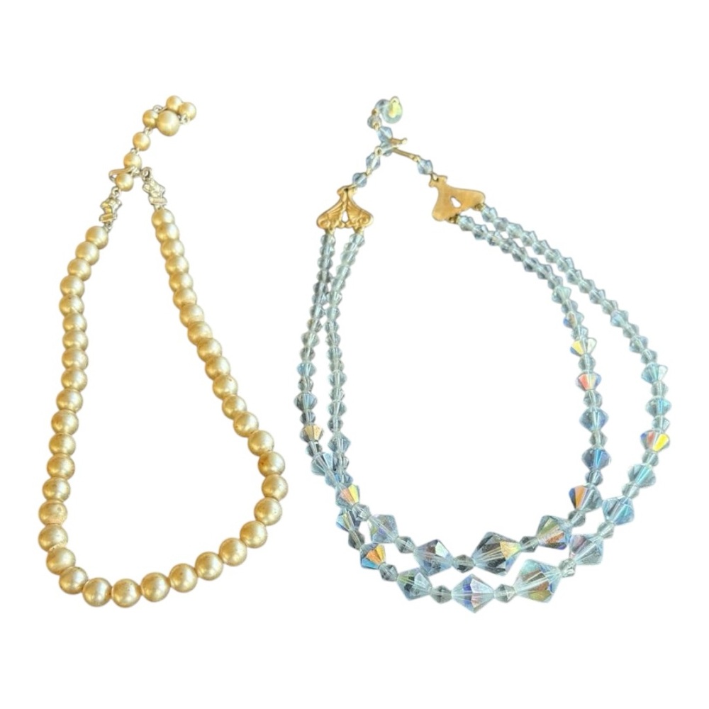 Two Vintage necklace. Faux pearl and blue crystal. Choker style - Picture 2 of 3